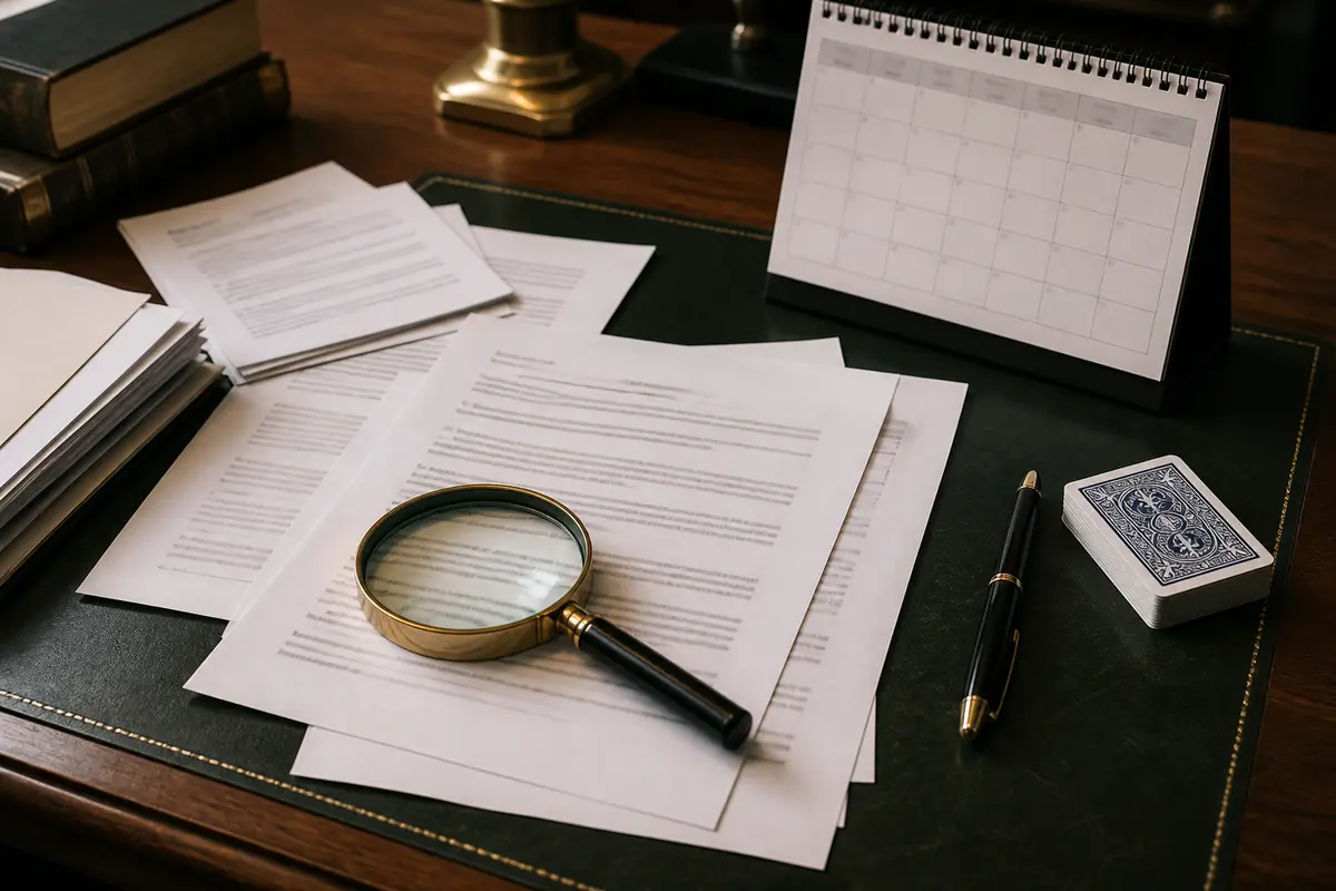 An editorial verification desk with policy documents, calendar, magnifying glass and a deck of cards.