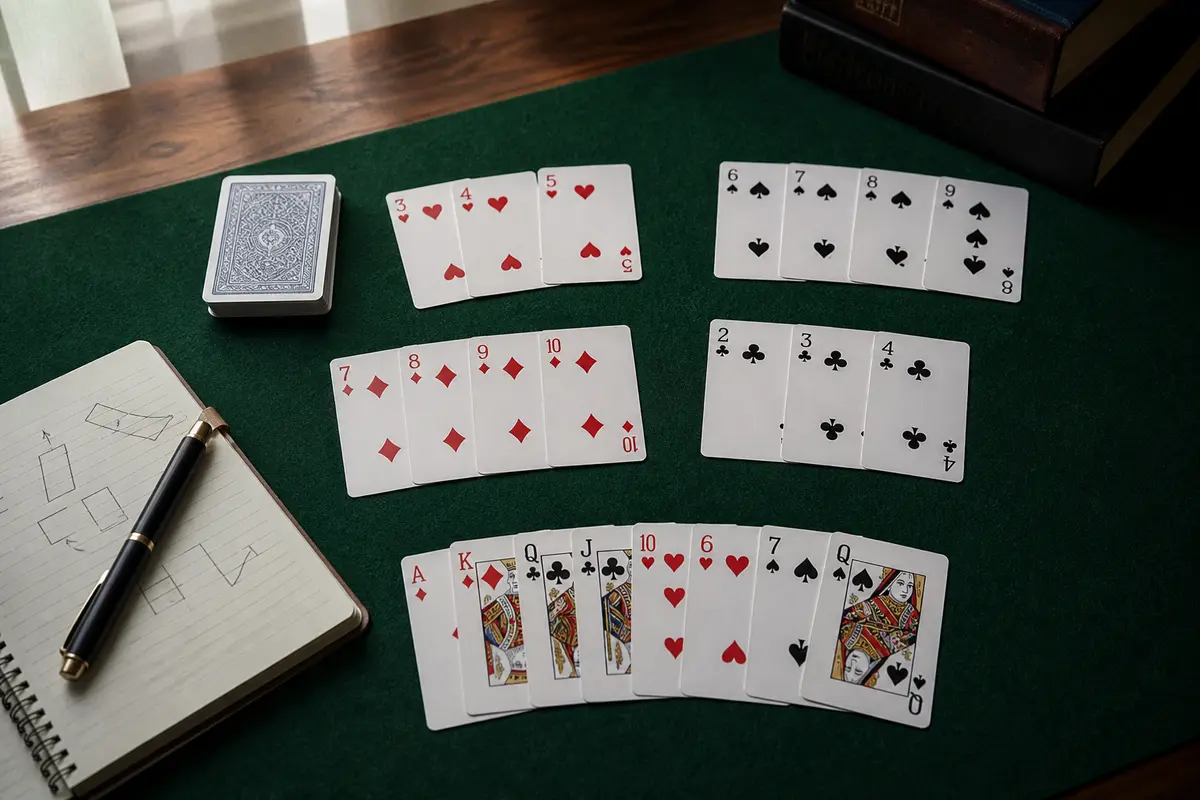 A professionally photographed card-study table with plausible rummy sequences arranged beside an editor’s notebook.