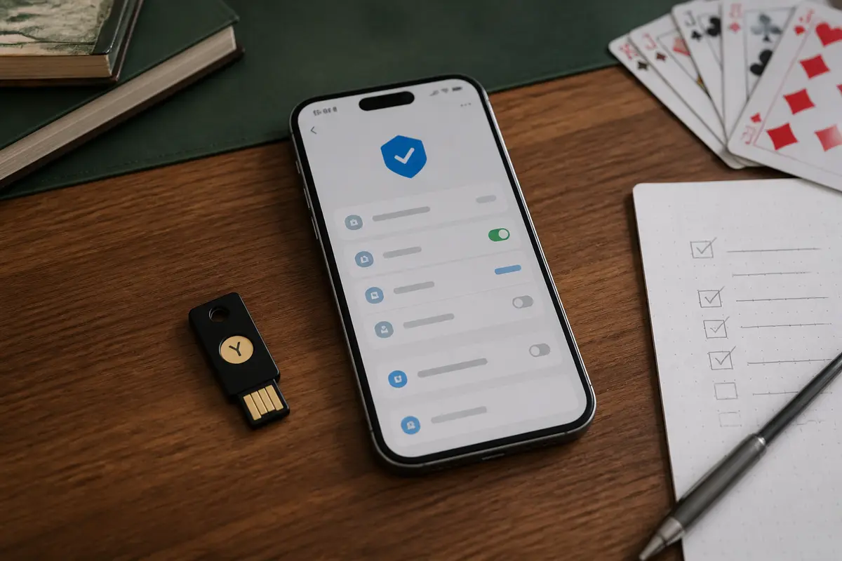 A smartphone security review on a walnut desk with a hardware key and practical checklist.